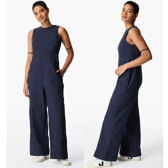 Sweaty Betty Pants - NEW Sweaty Betty Air Flow Wide Leg Jumpsuit High Neck Activewear Navy Blue Large